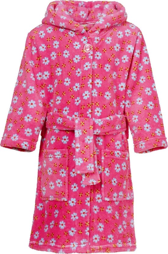 Playshoes - Fleece badjas met capuchon - Bloemen roze - maat 110-116cm
