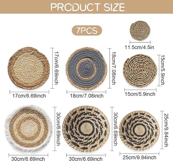 Weldomcor Set van 10 bohemien handgeweven ronde macramé wandmanden - Wanddecoratie voor woonkamer, slaapkamer, eetkamer, kantoor, boerderij