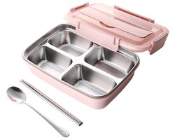 Dutchers® Lunchbox Roestvrij Staal – incl. Bestekset - BPA-vrij – Met Deksel, Bestekvak & Telefoonhouder - Bento Box – Blauwe RVS Broodtrommel voor Kinderen & Volwassenen – - Mealprep - Duurzame Lunchdoos voor School & Werk - Roze