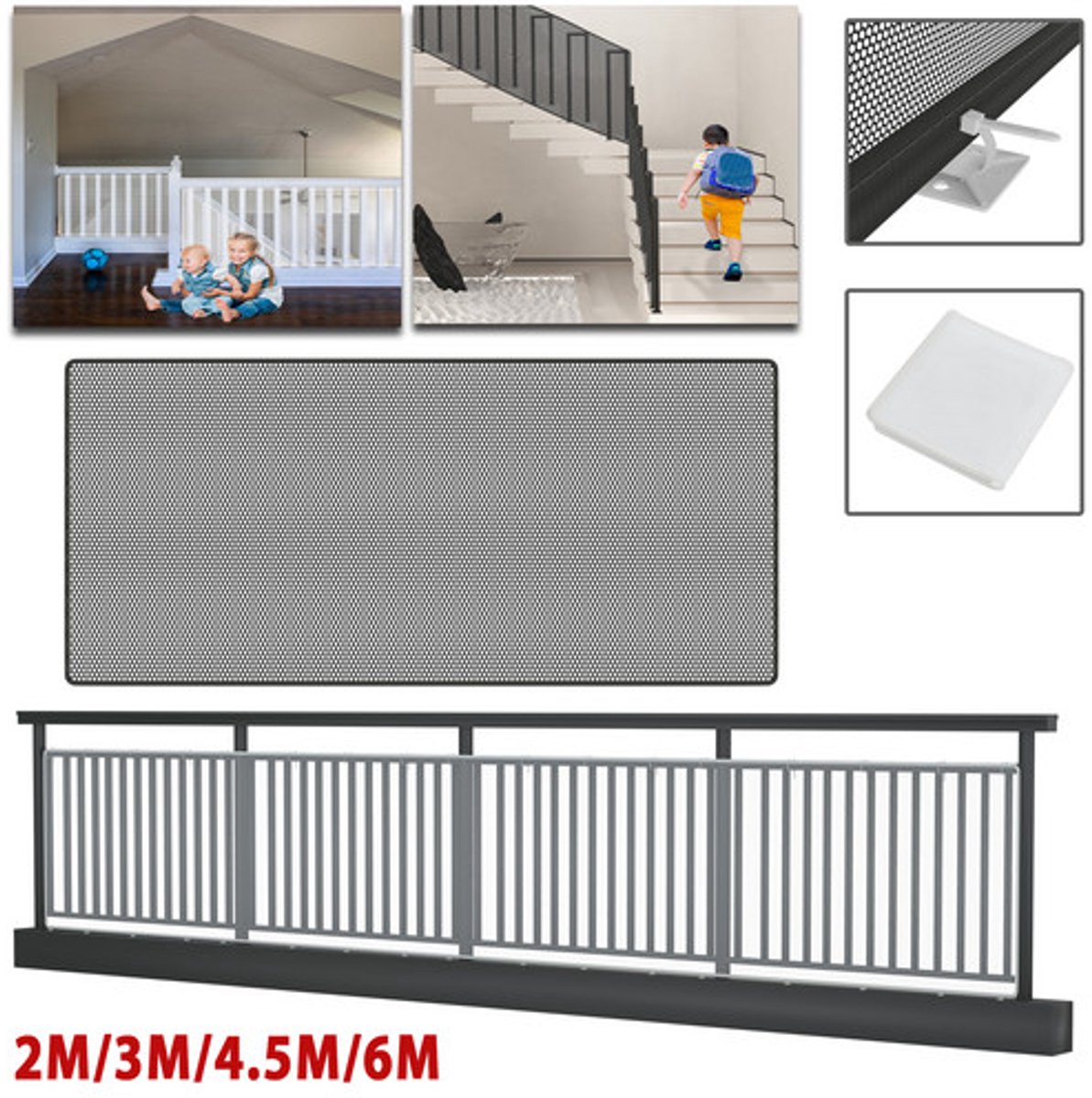 Image of 200 x 91 cm Trapbeschermingsnet, balkons, veiligheidsnet, trapbescherming voor kinderen, dieren, transparant design - zwart