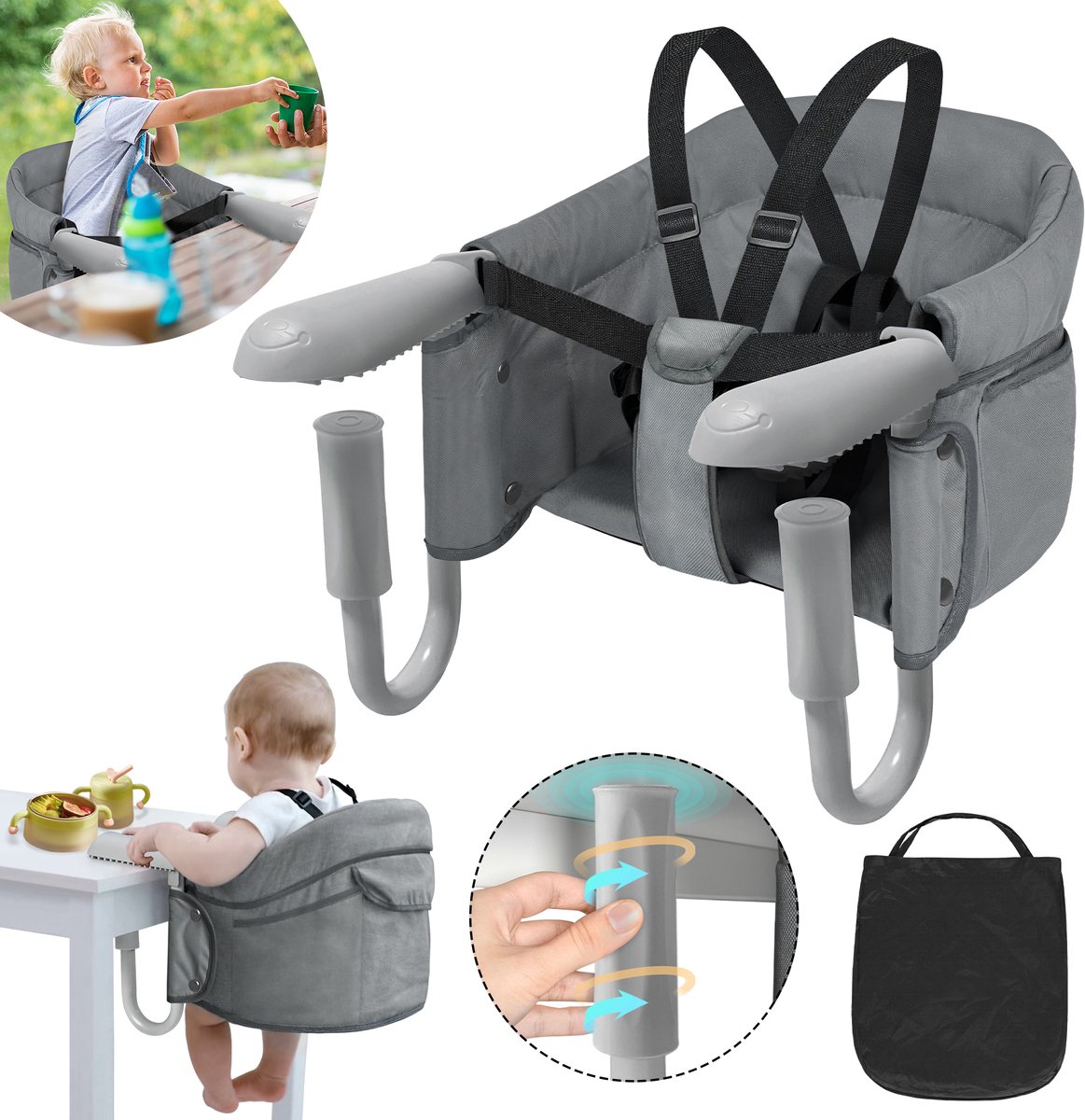 Opvouwbaar babyzitje, babystoel, hoge stoel, zitverhoging, boosterstoel, eetkamerstoel om op te hangen, met antislipklemmen voor dikke tafelbladen, voor thuis en onderweg, met draagtas, grijs