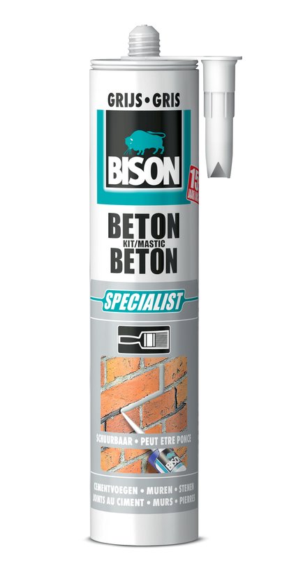 Bison Beton Kit specialist in grijze koker. Voor muren, beton, cementvoegen. Schuurbaar en overschilderbaar.