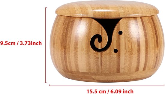 Bamboe garenkom - Handgemaakte opbergkom voor breigaren - Met afneembaar deksel en gaten - Breikom - Wolstandaard - Geschikt voor breien, haken en woondecoratie - Houtkleur - Diameter 15,5 cm x 9,5 cm hoogte