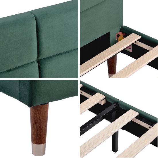 Lit capitonné Lit double 140x200cm - Tête de lit capitonnée, velours, vert foncé (sans matelas)