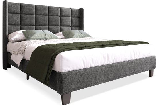 Lit capitonné Lit double 140x200cm - Tête de lit capitonnée, lin, gris, sommier à lattes (sans matelas)