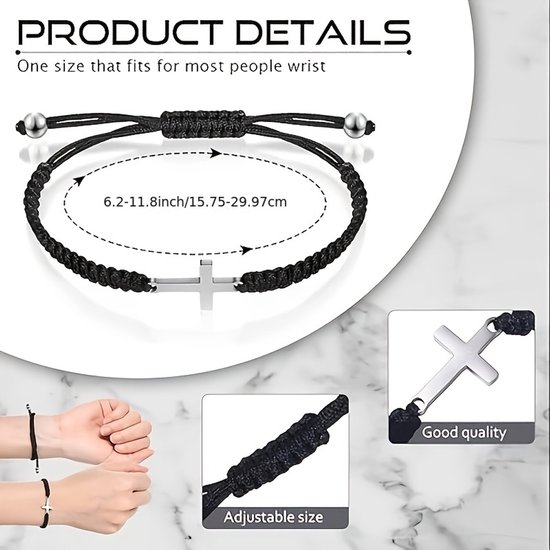 Een zwarte, verstelbare geweven armband met een zilverkleurig kruisje als hanger.