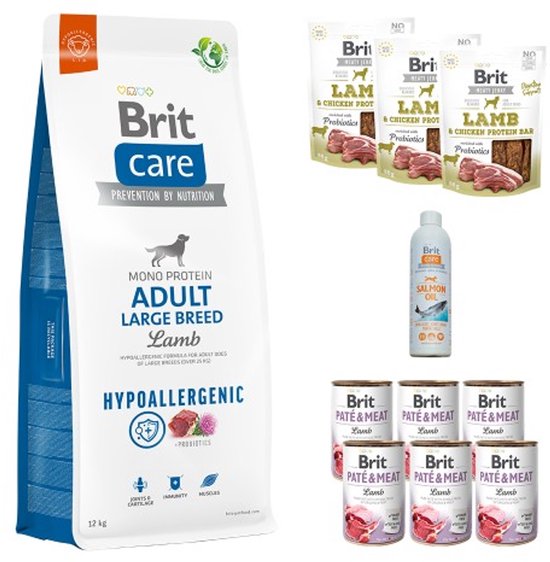 Brit care large breed lamb 12kg met 6 blikken & 3 snacks & zalmolie maandpakket hondenvoer