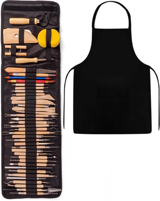 Outils de Outils de modélisation pour Argile , Enfants et Adultes – Outils en céramique – 43 pièces – avec étui à roulettes et tablier de poterie