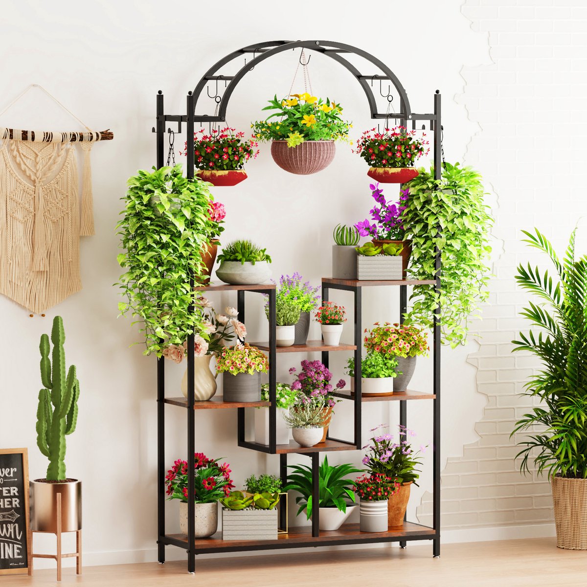 unho Grote Binnen Planten Stand - Gebogen Metalen Plantenrek met Hangende Haken - Multifunctionele Grote Bloem Bonsai Potten Display Rek voor Balkon Woonkamer