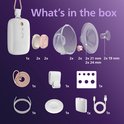 Contenu de la boîte du tire-lait électrique mains libres double Philips Avent. Avec unité moteur, tasses de pompage, cordon, boîte de rangement et câble de chargement.
