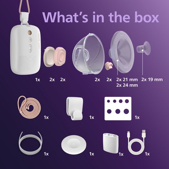 Contenu de la boîte du tire-lait électrique mains libres double Philips Avent. Avec unité moteur, tasses de pompage, cordon, boîte de rangement et câble de chargement.