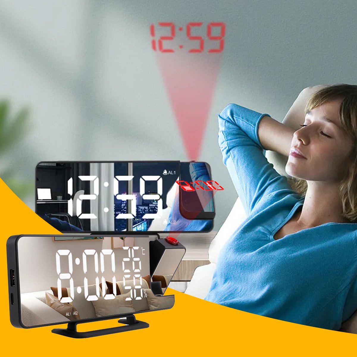 Premes - Wekkerradio met Projectie - Zwart - AM/FM - Op Netstroom - Digitale Klok - Wekkerradio’s - Projectiewekker - Wekker met Projectie - Klok Digitaal - Klokje - Klokken — cadeau in Elektronica - foto 6