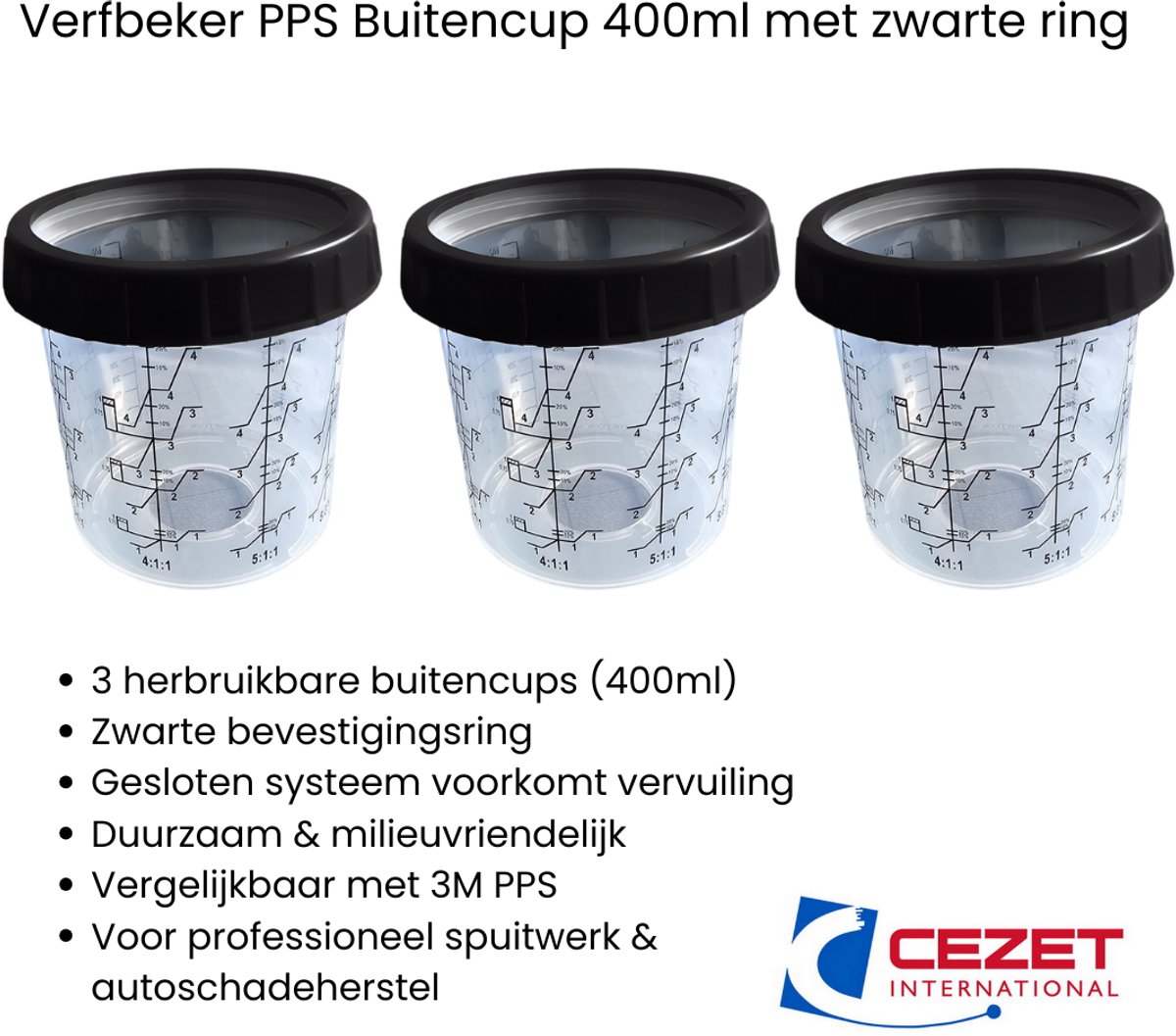 Verfbeker PPS Buitencup 400ml met zwarte ring – Duurzaam – Set van 3 – Vergelijkbaar met 3M – Autoschadeherstel