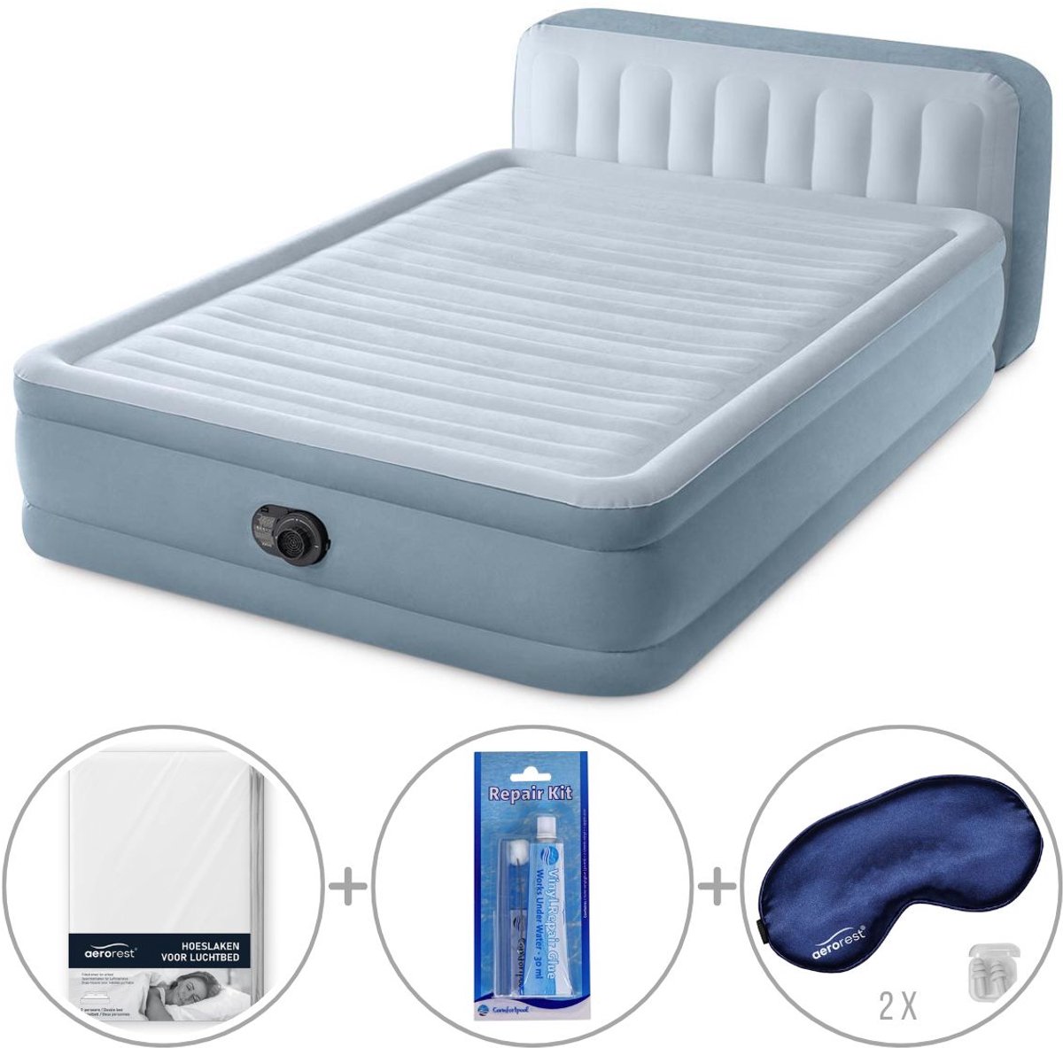 Intex Plush luchtbed met hoofdbord | Tweepersoons | 152 x 236 x 86 cm | Inclusief bijpassend hoeslaken + reparatiekit + twee slaapmaskers