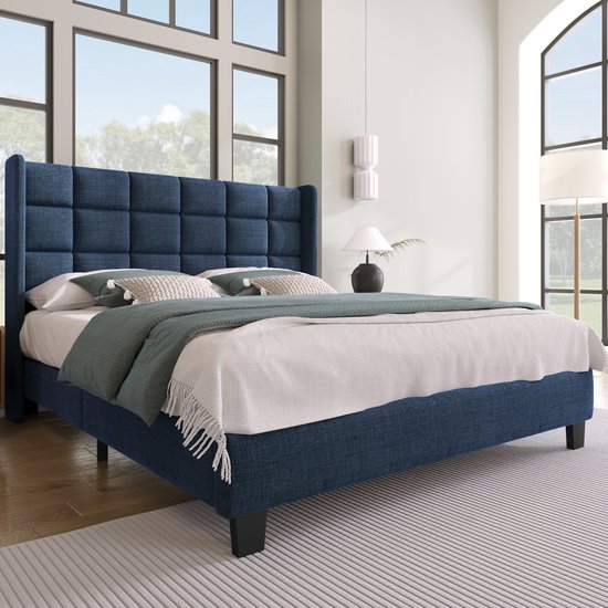 Lit capitonné Lit double 140x200cm - Tête de lit capitonnée, lin, bleu, sommier à lattes (sans matelas)