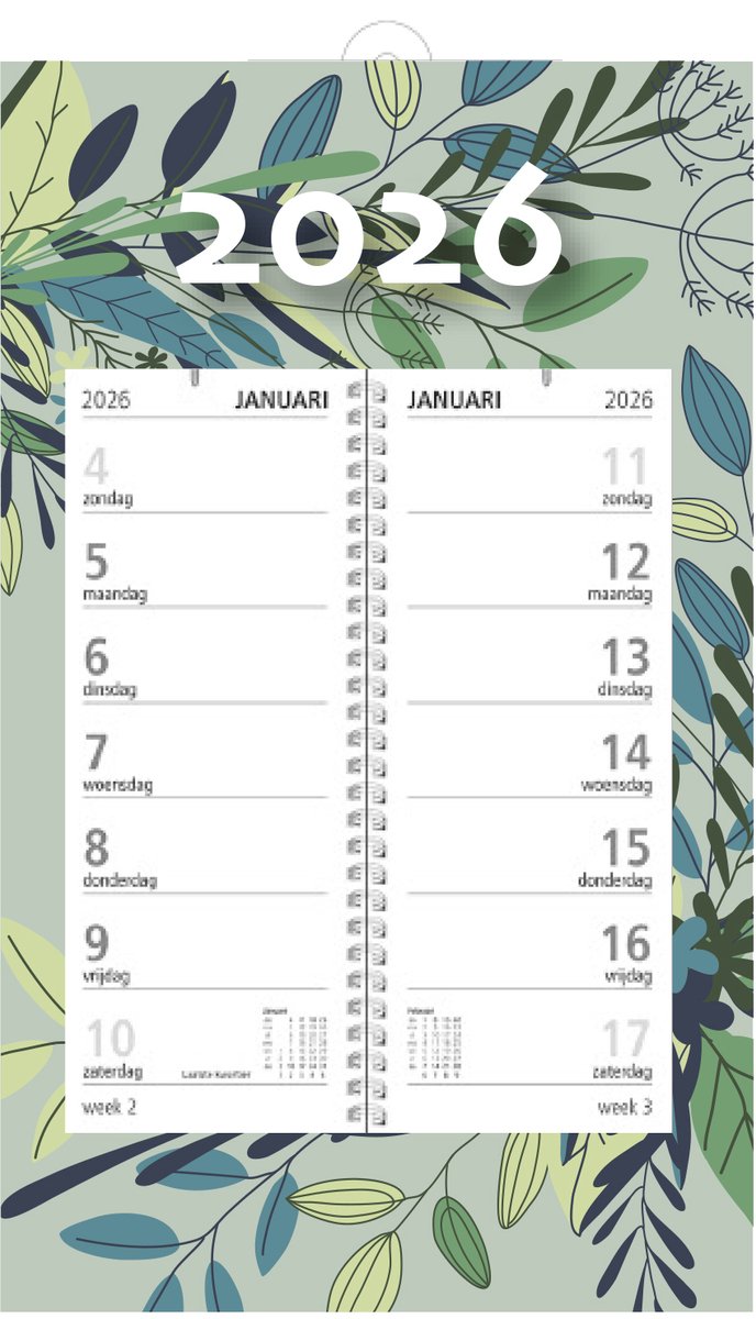 MGPcards - Omlegweekkalender 2026 - Week begint op zondag - 21 x 34 cm - Bladeren - Groen