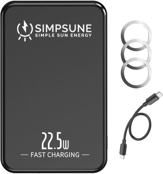 Simpsune - MagSafe Powerbank - 10000mAh - 22.5W Snellader - Draadloos - Wireless charger & USB-C - Compatibel met iPhone 12/13/14/15 - Compact Design - Meerdere apparaten - LED Display - Inclusief Magnetische Ringen - noodpakket -Zwart