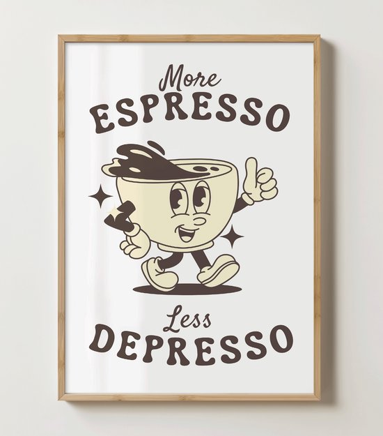 No Filter - Koffie Poster - More Espresso Less Depresso - 21x30 cm - A4 formaat - Retro koffiekunst - Vintage Print