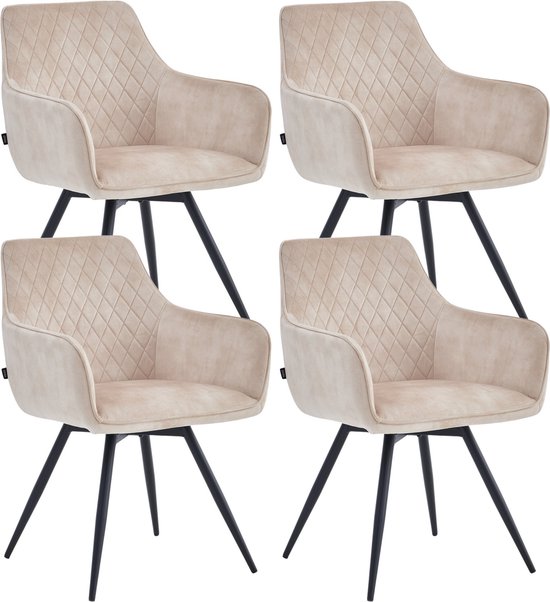 Set van 4 beige Adoré Velvet eetkamerstoelen met ruitpatroon, zwarte draaipot.