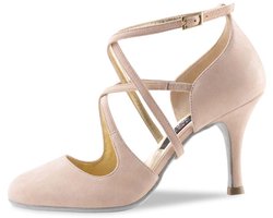 Nueva Epoca Valeria Dames Dansschoenen met Dichte Teen - Beige Lichtroze Suede met Glans - Suède zool - Hak 7 cm - Meerdere bandjes - Argentijnse Tango, Salsa, Latin schoenen - Nueva Epoca - Beige - 36 2/3