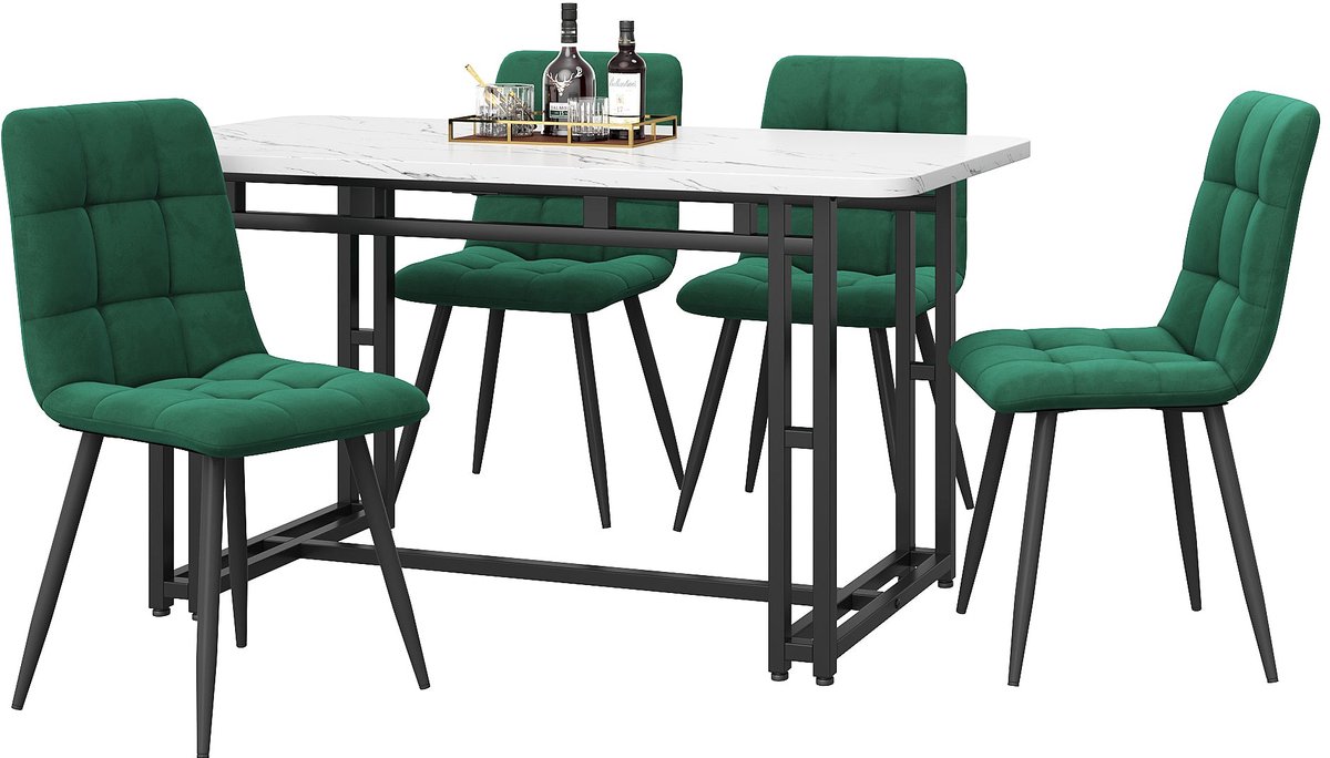 Merax Eettafelset 5-delig – Marmerlook Eettafel met 4 Velvet Eetkamerstoelen - Wit met Groen en Zwart