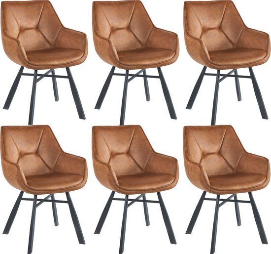 Colenis® - Chaise de salle à manger Solido - Set de 6 - Cognac - Tissu microfibre - Style industriel - Avec accoudoirs