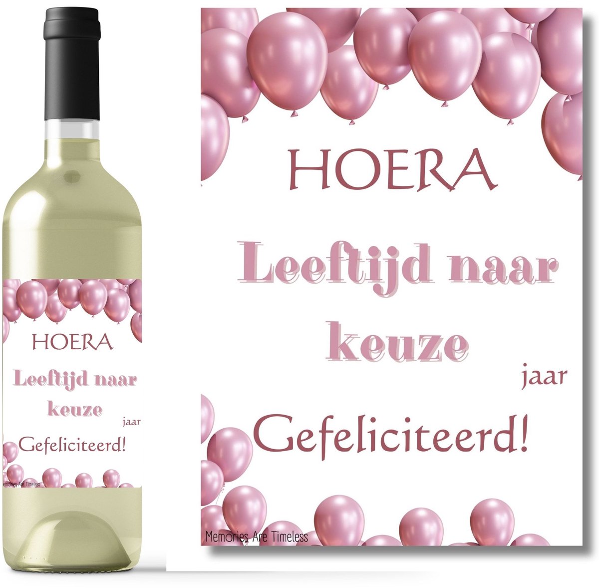 Wijnetiket Verjaardag – Gepersonaliseerd Cadeau – Sticker met Leeftijd naar keuze – Roze Ballonnen