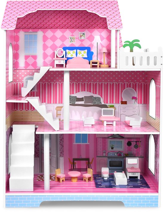 Houten Poppenhuis – 100 cm Hoog – 3 Verdiepingen Poppenvilla met Meubels – Groot Poppenhuis voor Kinderen – Speelgoedhuis voor Meisjes