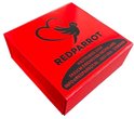 Rode geschenkdoos van RedParrot met logo, adres en contactgegevens.