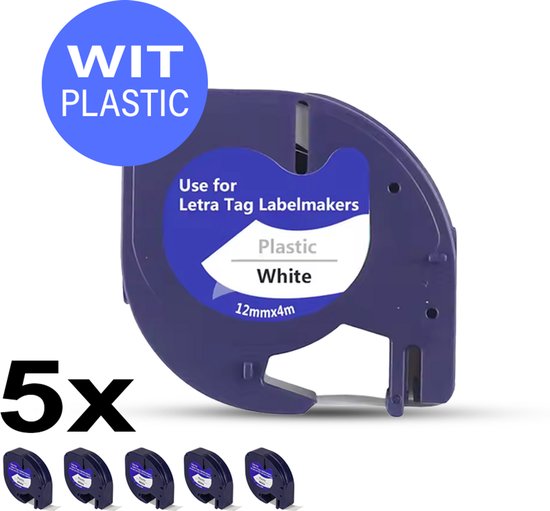 5 Stuks - Navulling Geschikt Voor Dymo LetraTag Labelprinter - dymo letratag navulling - Compatible Labels 91201 / S0721610 - Zwart op Wit Plastic - 12 mm x 4 m - Etiketten/Labeltape