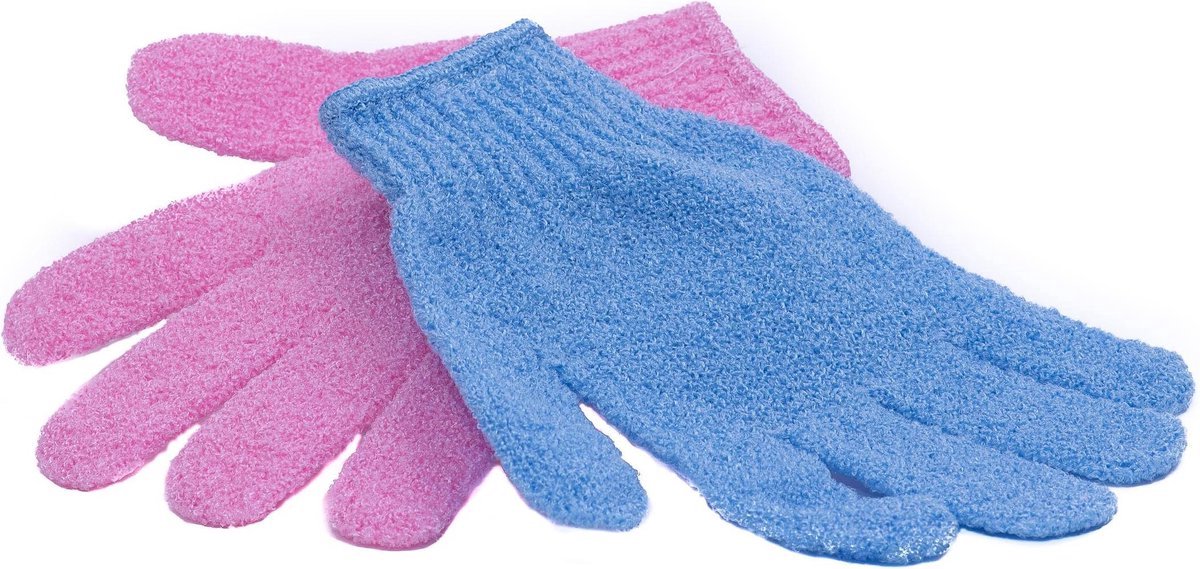 Jumada's - Scrub handschoenen - Exfolianten - Washandschoenen - Voor gezicht en lichaam - Set van 2 - Roze en blauw