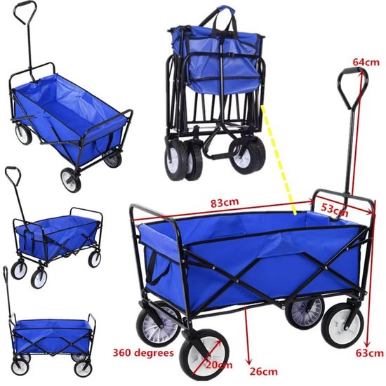 Bolderkar - Blauw - Strandwagen - Opvouwbaar tuinwagen - Met duwstang - Voor buitengebruik - 115 kg capaciteit - All terrain van Merkloos — afbeelding 5
