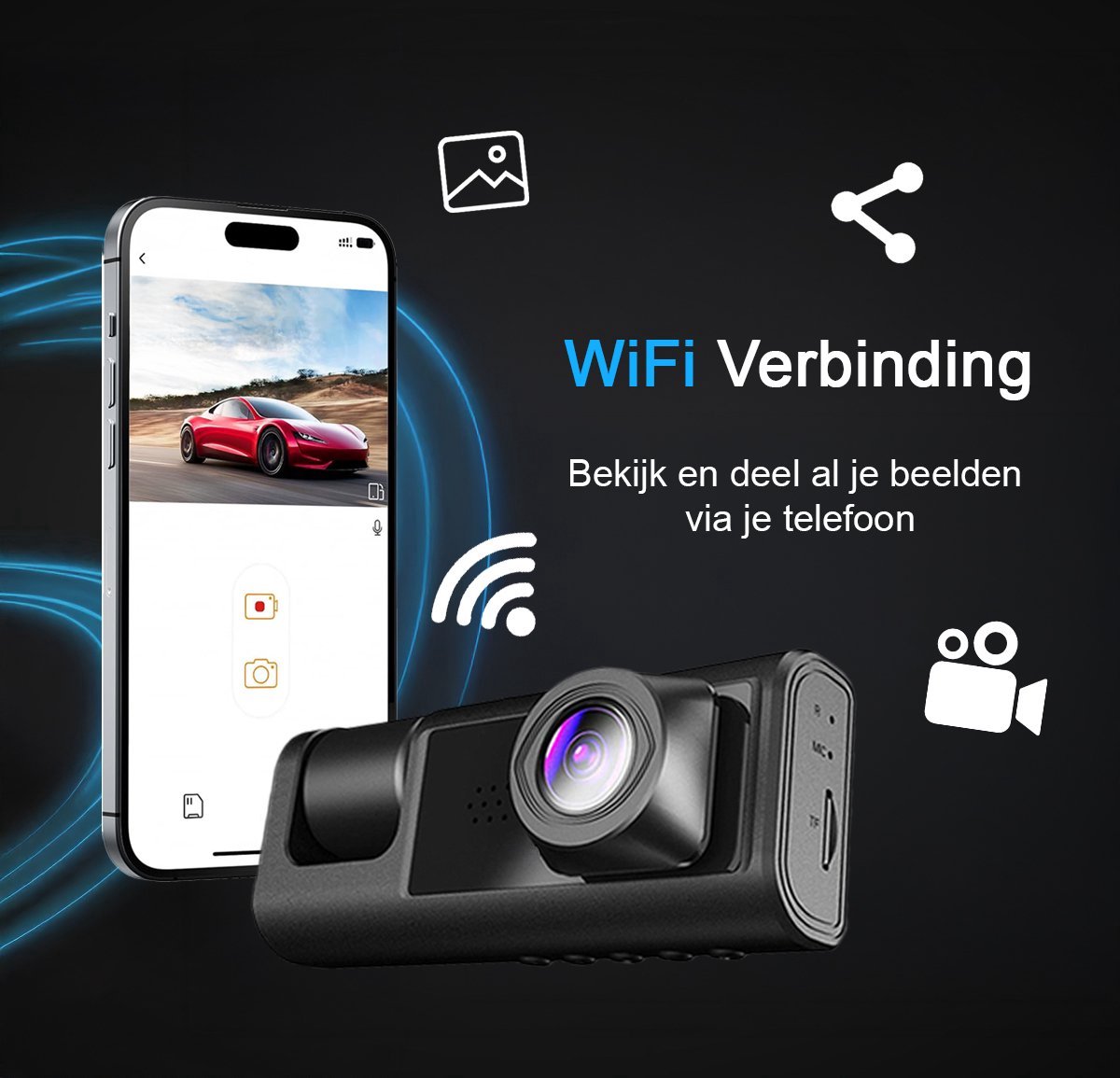 Tech Essentials Dual Dashcam S1-Wifi Voor Auto - Met 64GB Micro SD-Kaart thumbnail 3