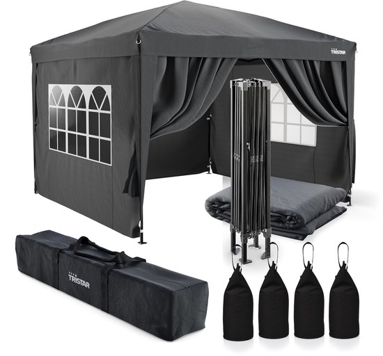 Tristar Partytent 3x3m - Inclusief Set van 4 Zandzakken - PT-7802 + PT-7805 - Easy Up - Met Zijwanden - Waterdicht - inclusief Draagtas - Paviljoen - Opvouwbaar - Antraciet