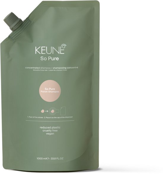 Pochette de recharge Keune So Pure verte pour shampoing, 1000 ml, avec instructions d'utilisation.