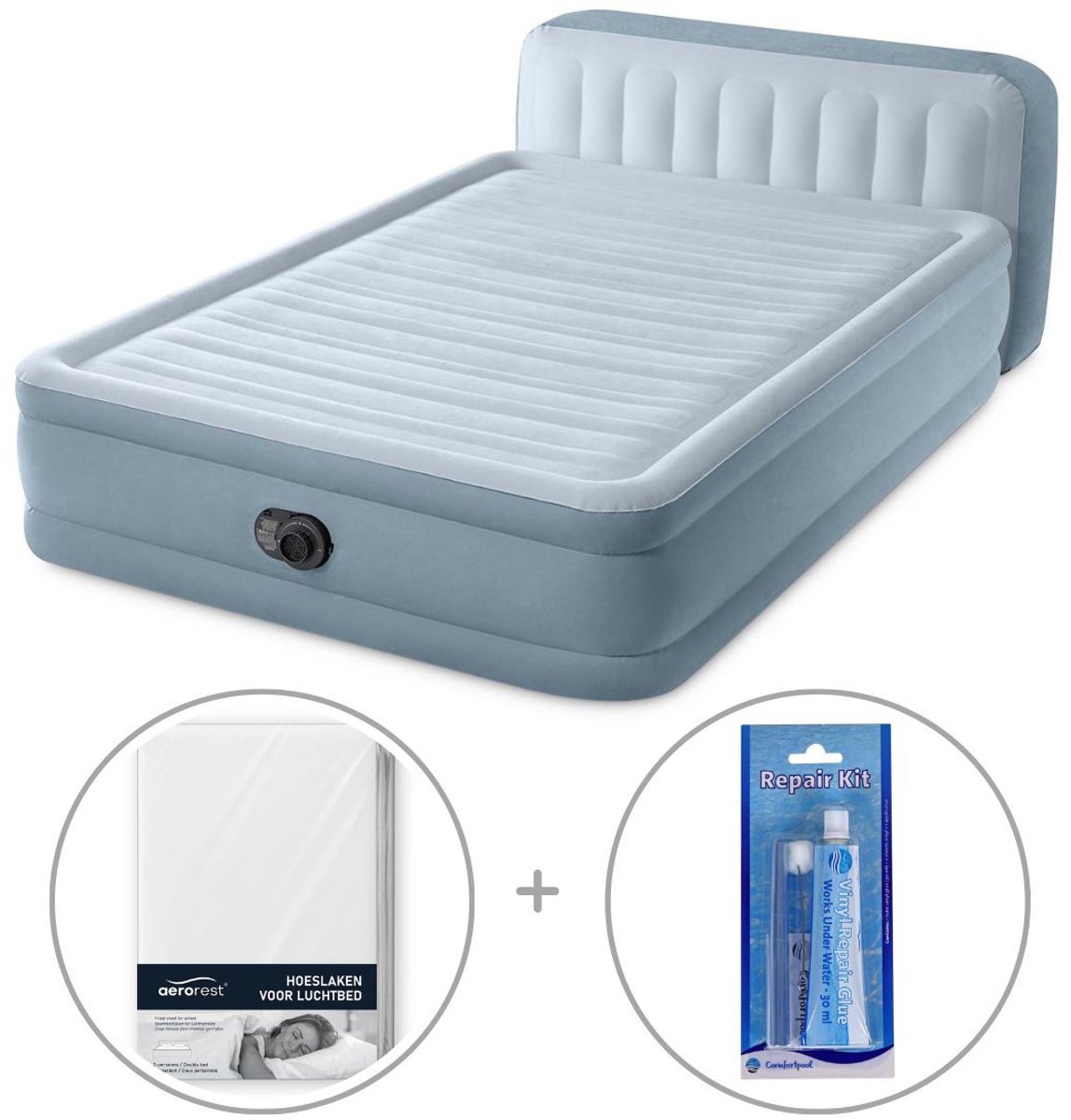 Intex Plush luchtbed met hoofdbord | Tweepersoons | 152 x 203 x 56 cm | Inclusief bijpassend hoeslaken + reparatiekit