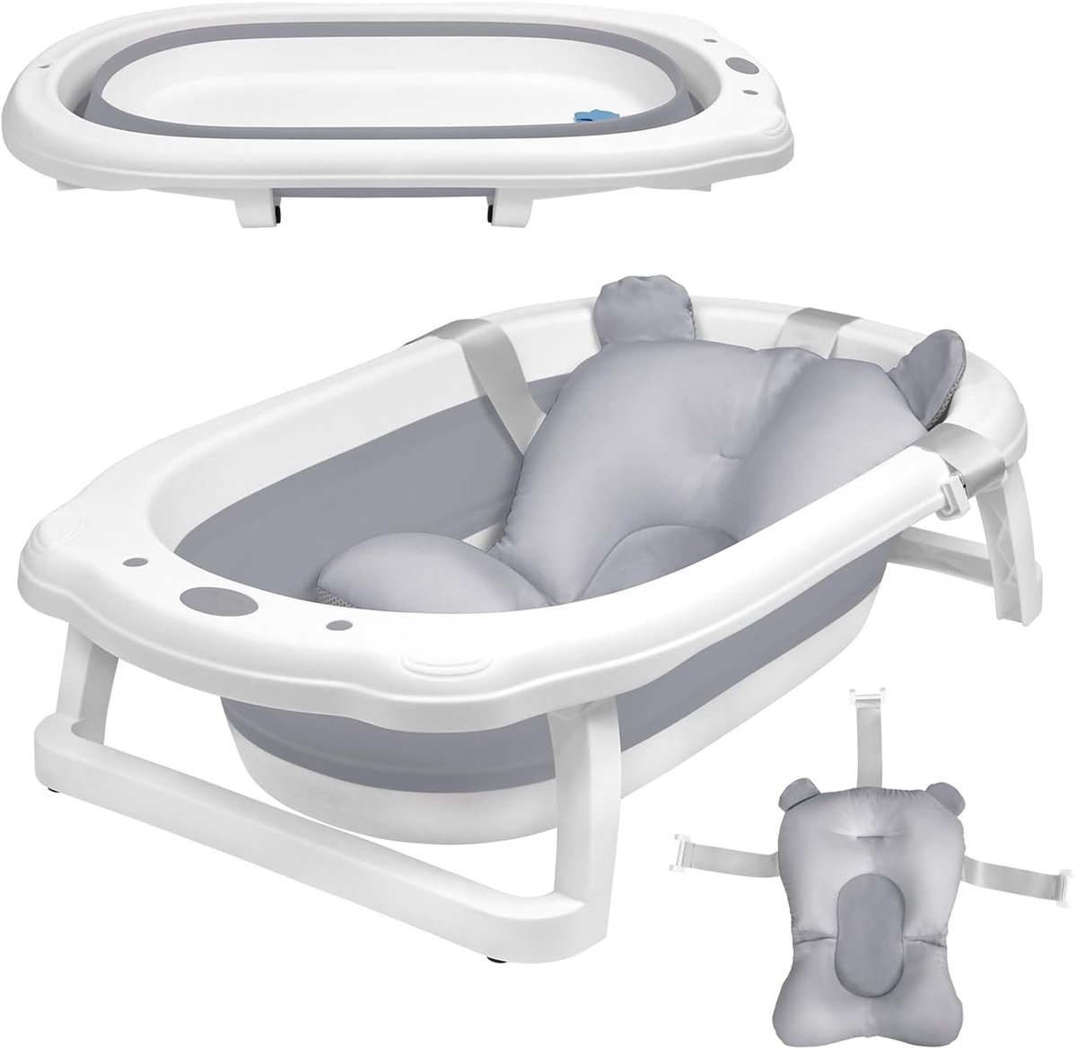 Aufun opvouwbaar babybad, ergonomisch babybadje met antislipvoetjes voor baby's en pasgeborenen, inclusief badzitkussen, ruimtebesparend opvouwbaar bad, grijs met badkussen