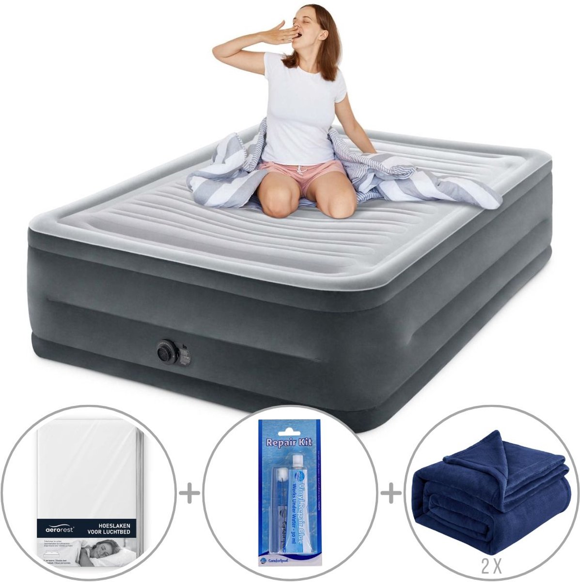 Intex Queen Comfort-Plush Luchtbed met ingebouwde pomp | Tweepersoons | Extra hoog | 203 x 152 x 56 cm | Inclusief bijpassend hoeslaken + reparatiekit + twee fleece dekens