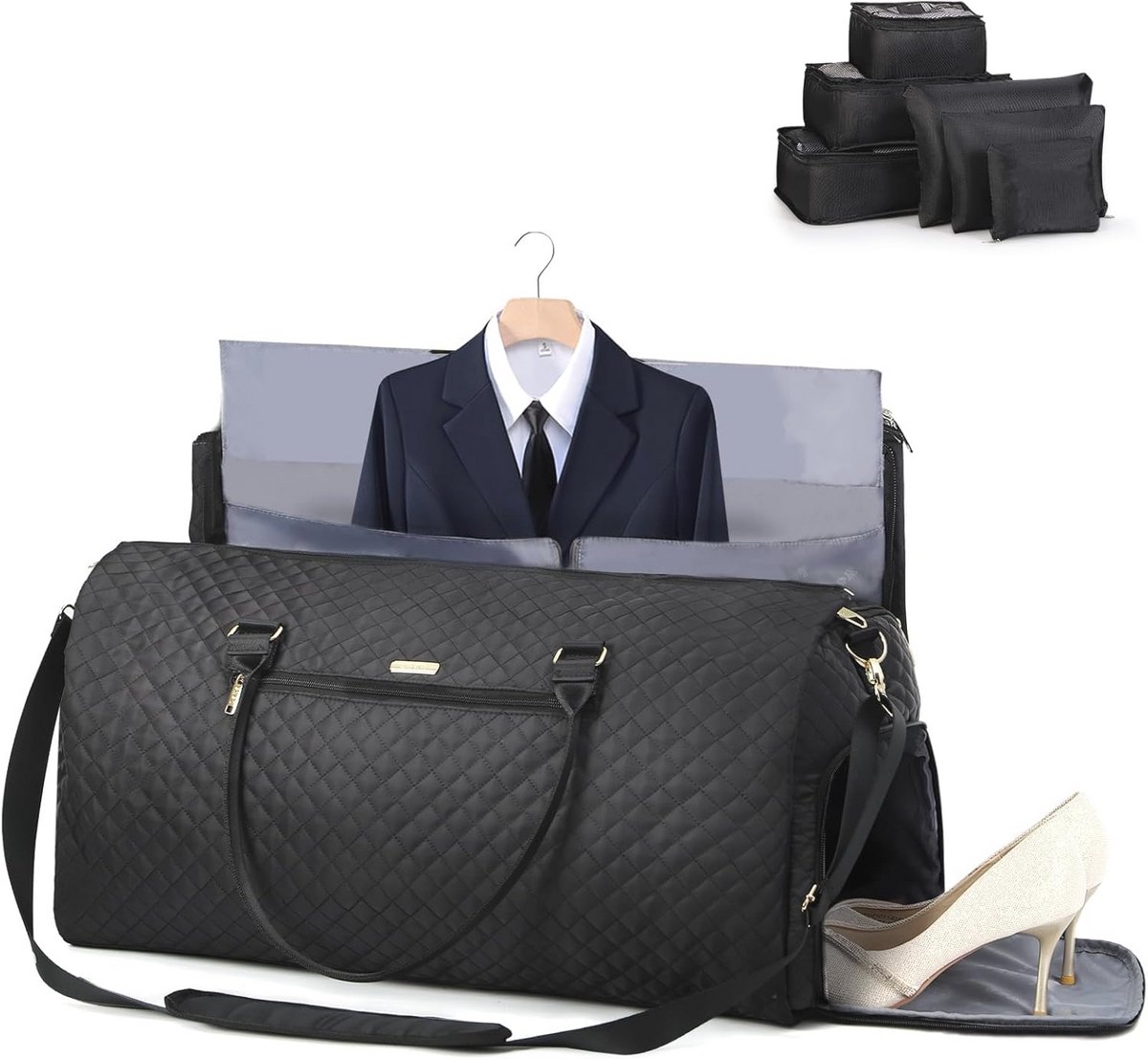Kostuumtas Kledingtas om te reizen, converteerbaar, grote capaciteit draagtas voor kleding, PU lederen plunjezak voor dames, 2-in-1, tas voor pakken, reistassen om op te hangen met schoenenzak, zwart