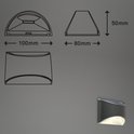 Technische tekeningen van de buitenlamp met afmetingen: 100mm breed, 80mm diep, 50mm hoog.