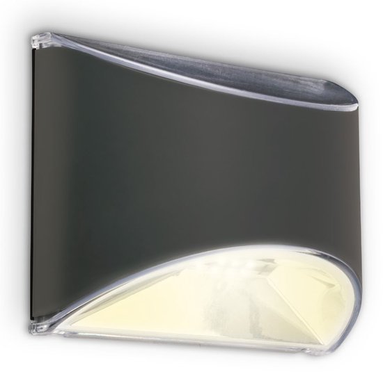 Donkergrijze gebogen buitenlamp met helder kunststof accent en warm wit licht.
