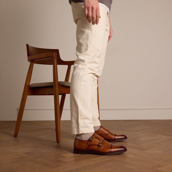 Manfield - Heren - Cognac leren gespschoenen - Maat 44