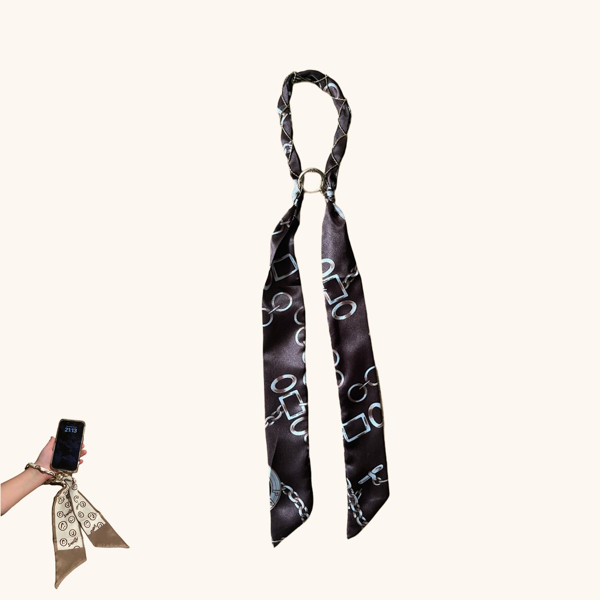 Nia Jewels telefoonkoord pols bruin ketting chain sjaal
