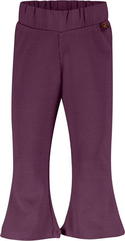 Paarse gebreide broek met wijde pijpen en elastische tailleband.