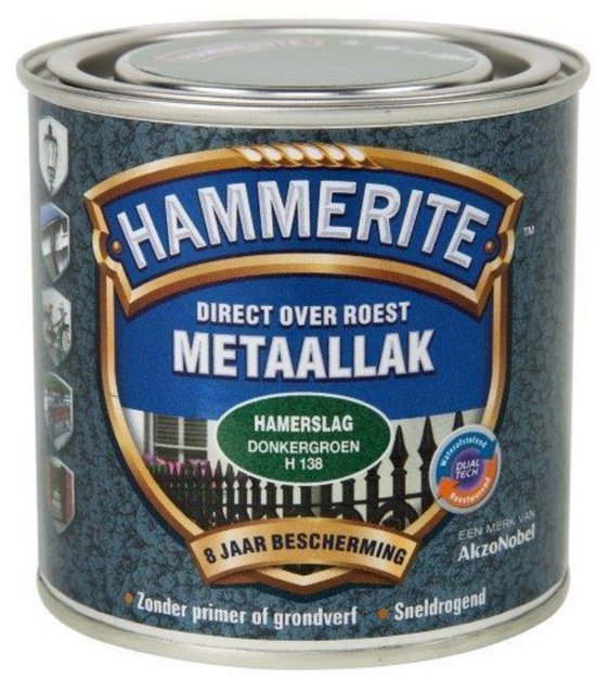 Hammerite metaallak, hamerslag donkergroen H138, 250ml. Blik met turquoise, gebarsten patroon.