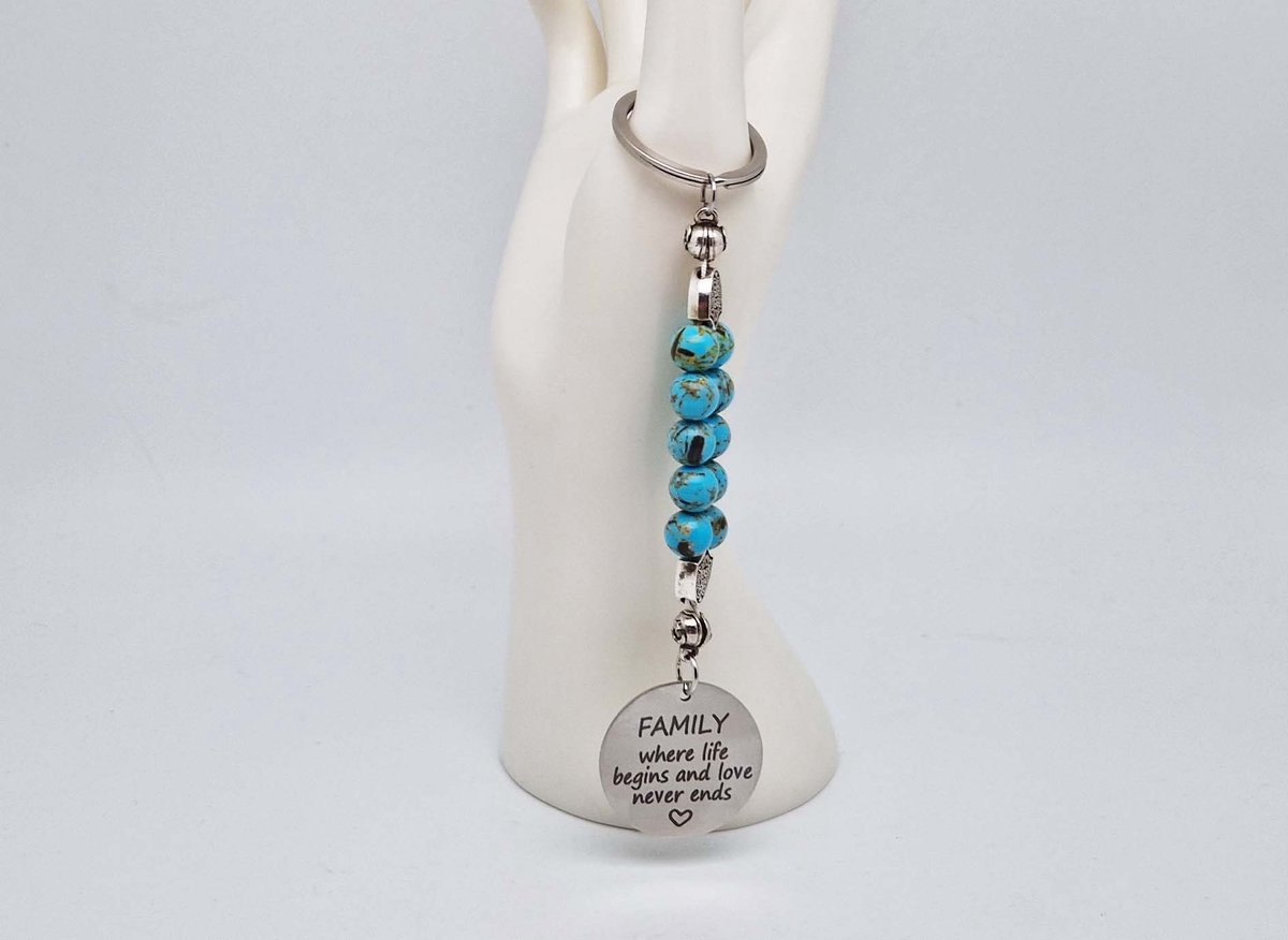 Handgemaakte Natuurstenen Sleutelhanger " Turkoois bakeliet"- Met metaal hanger - "Familie" - 8 mm diameter van de korrel- Mooie accessoire en decoratie voor de auto-Vaderdag Cadeau -Moderdag Cadeau - Cadeau vrienden