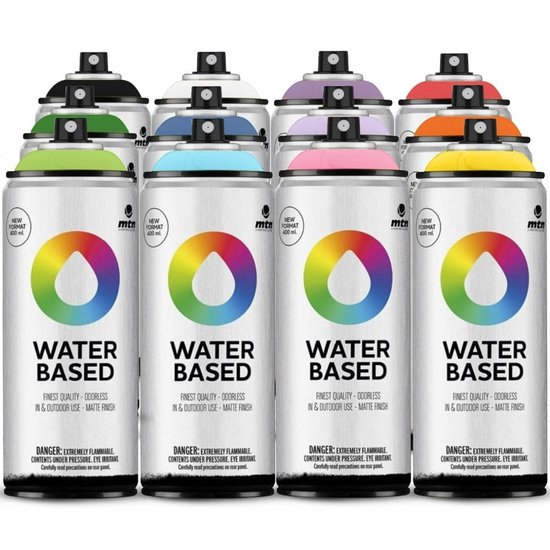 Douze bombes de peinture avec logo 'WATER BASED', goutte arc-en-ciel et capuchons de diverses couleurs.