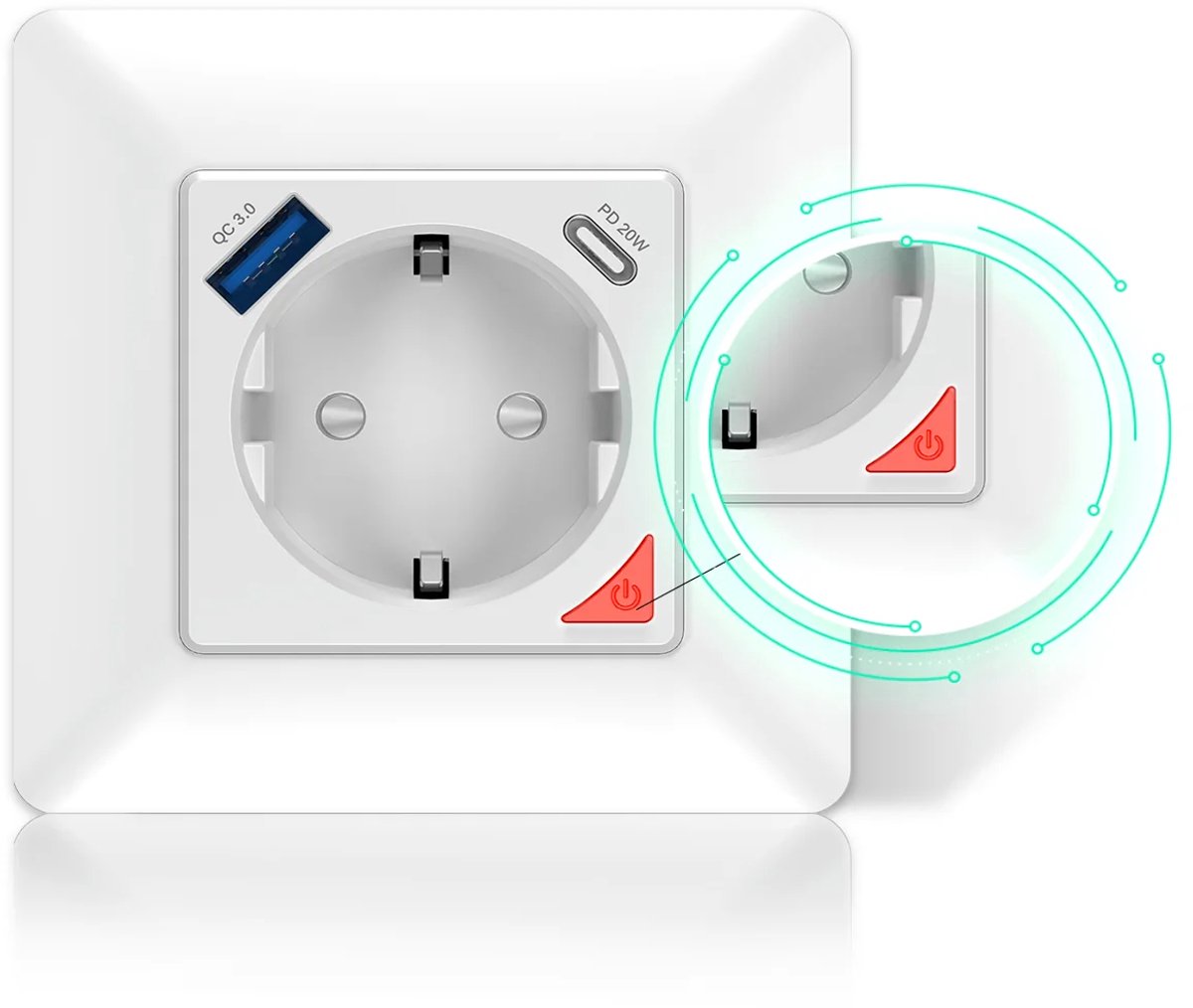 Moes wandcontactdoos met USB-C | bedien met Wifi via Tuya Smart en SmartLife | snel laden met USB en type C | shuko | 16A | DC 20W out | aan/uit knop | inbouwstopcontact