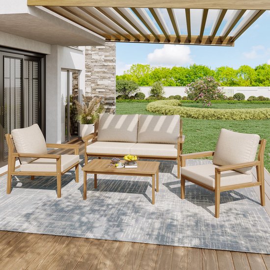 Sweiko Tuin loungeset - 4 zits - all weather - Balkon meubelset - 2 fauteuils + 2 zits bank + tafel - met kussens - Beige