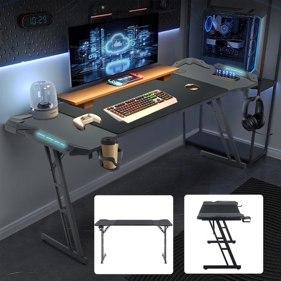 Gamingtafel 120x60 Cm YRHome - Zwarte PC Bureau Met Koolstofvezel Blad & Z-Vorm Poten | Geen LED, Wel Bekerhouder & Kabelgaten Gamingtafel 120x60 Cm Zwart